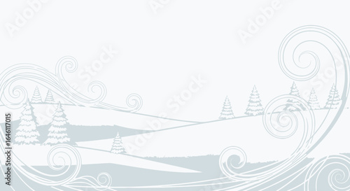 Elegant winter landscape vector background with stylized swirls and evergreen trees provides a serene and whimsical seasonal illustration
