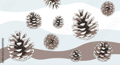 Elegant Winter Pine Cones Seamless Pattern on Soft Pastel Waves Background