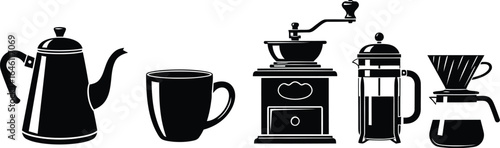  Set of Solid Black Silhouettes for Food Delivery and Takeout Services: Hamburger Bag, Street Food Stall, Coffee Cup with Fried Chicken,