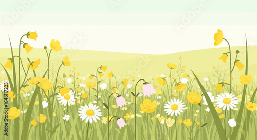 Floral Meadow Landscape With Springtime Wildflowers And Pastoral Green Hills