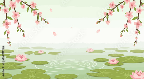 Floral Serenity Lakeside Blooming With Cherry Blossoms And Lotus Flowers Vector