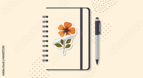 Floral Sticker on Notebook with Pen Illustration for Journaling and Creative Writing