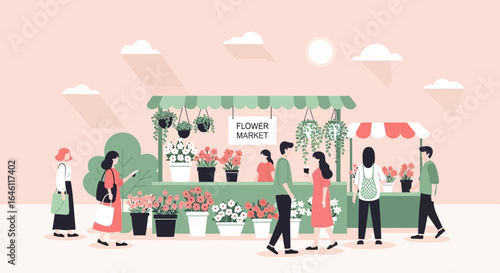 Flower market vector illustration featuring people shopping and buying fresh blooms
