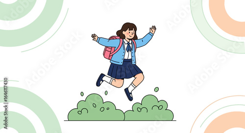 Happy Schoolgirl Jumping Cheerfully After Class At the End of Academic Year