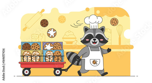 Happy Raccoon Chef Delivering Fresh Baked Cookies In A Red Little Wagon