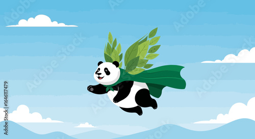 Flying hero panda with leaf wings in a blue sky, an inspiration symbol of environmental care and ecological awareness