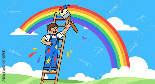 Happy young man painting a vibrant rainbow with paintbrush on a wooden ladder and paint splashes against a blue sky
