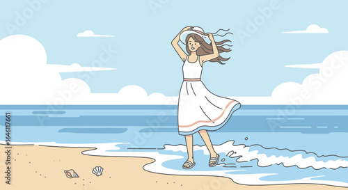 Happy Young Woman In Dress Walking Along The Tropical Sea Beach On Vacation