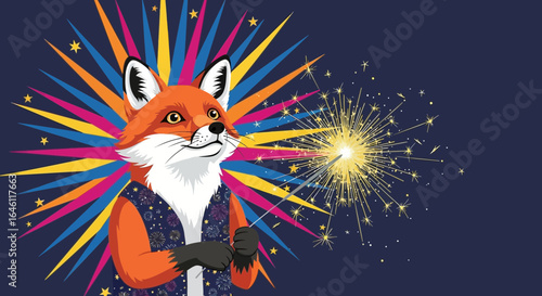 Fox celebrating with sparkler on a festive colorful radial burst background artwork