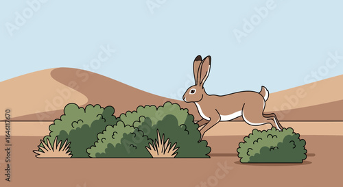 Hare running through desert scrub illustration with sand dunes in the background