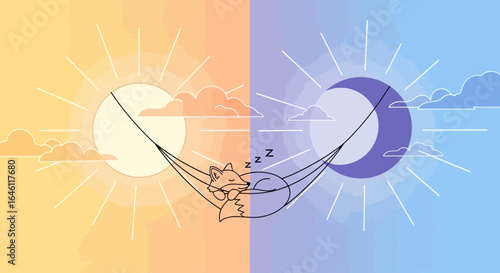 Fox dreaming in a hammock suspended between the sun and the moon illustration