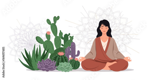 Harmonious meditation among desert flora promoting mindfulness and relaxation