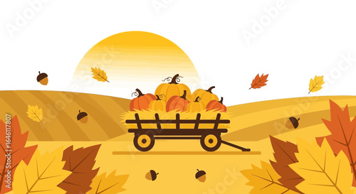 Harvest Season Illustration: A Pumpkin-Filled Cart Amidst Falling Autumn Leaves and Golden Fields
