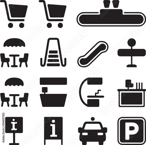 shopping, mall, icon, set, airport, terminal, public, service, retail, center, facility, infrastructure, simple, solid, vector
