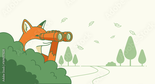 Fox Using Binoculars Peeking From Behind Bushes in a Scenic Landscape