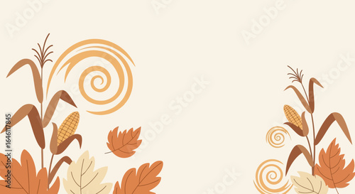 Harvest season illustration featuring corn stalks leaves and swirls for background or template autumn vibes featuring botanical elements