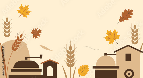 Harvest Season Minimalist Graphic with Fields and Autumn Leaves Falling
