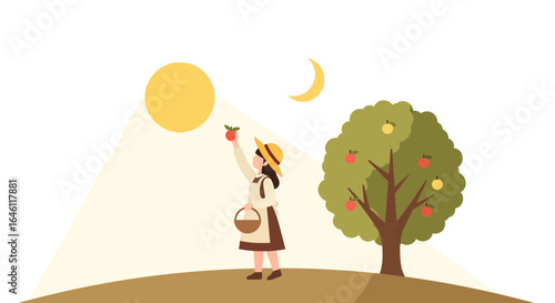 Harvest time idyllic scene of a woman picking apples from a tree at daytime and moon