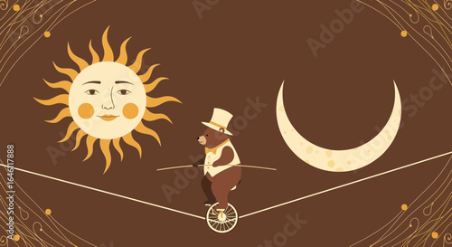 Enchanting Illustration of a Bear on a Unicycle Balancing Between Sun and Moon Depicting Harmony