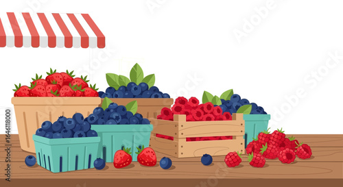 Freshly Harvested Berries Displayed Under A Colorful Market Awning