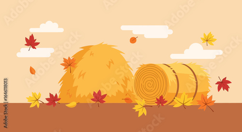 Hay Bale Field Autumnal Scene With Falling Leaves Flat Style Vector Art