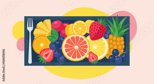 Healthy Fruits Flat Lay Composition, Tropical Dessert with Fork, Vibrant Colors