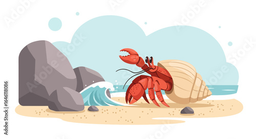 Hermit crab exploring the beach with rocks and gentle waves in cartoon style