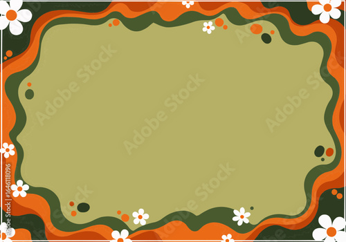 Vibrant Retro Groovy Floral Border Design with Wavy Organic Shapes and Daisy Flowers on a Neutral Background - Perfect for Vintage Themes.