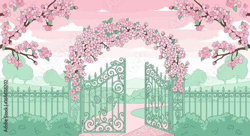 Enchanting spring illustration of an open gate adorned with delicate blossoms with serene landscape