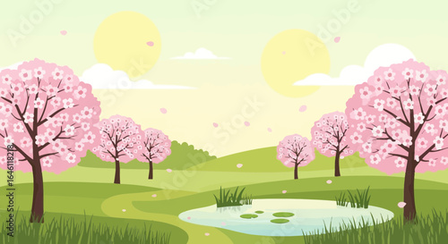 Enchanting spring landscape with blooming cherry trees and peaceful lake scene illustration