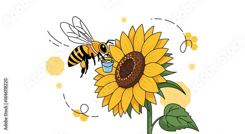 Honey bee carrying a bucket of nectar visiting bright yellow sunflower illustration