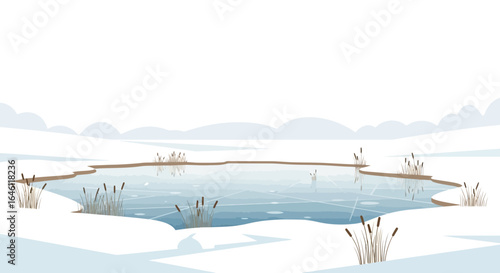 Frozen Lake Landscape with Cattails in Winter Scenery in a Simple Flat Style