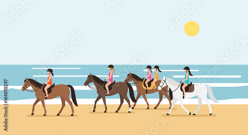 Horseback Riding Along Sandy Shoreline With A Clear Blue Ocean And Sunshine