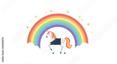 Enchanting unicorn with rainbow background illustration full of dreams and fantasy