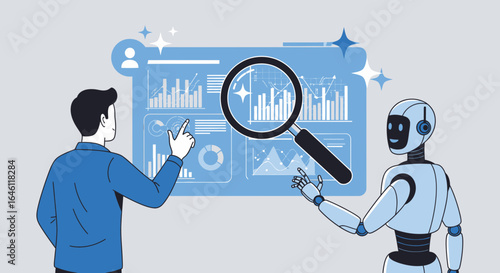 Human and AI collaboration analyzing business intelligence data with magnifying glass