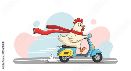 Funny Chicken Ride On Scooter Cartoon Illustration With Red Scarf