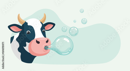 Funny Cow Blowing Bubbles Cartoon Illustration on a Soft Pastel Background perfect for children related advertisement