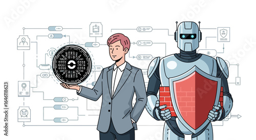 Human and robot cybersecurity team working together to protect digital assets and information