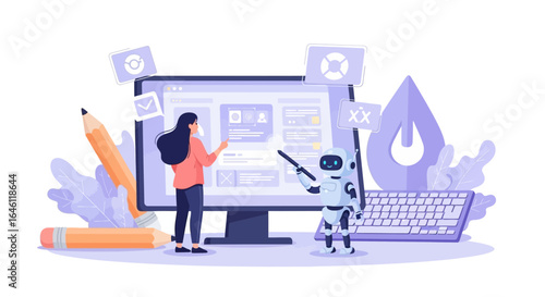 Human and robot working on website design collaborative creation together, showcasing AI and technology integration to enhance user interfaces
