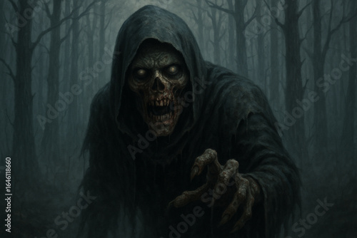 Menacing Hooded Zombie in Foggy Forest: Horror Painting of Suspense & Dread