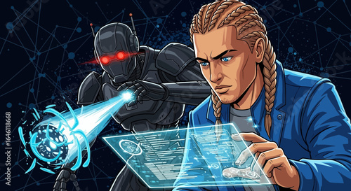 Futuristic collaboration concept, featuring a human and an advanced robot working together on a high tech interface