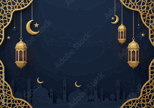 Elegant Islamic celebration background with golden hanging lanterns, crescent moons, and stars, set against a deep blue sky with mosque silhouettes, ideal for spiritual greetings and cultural events.