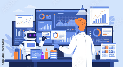 Futuristic collaboration: Scientist and robot analyzing data in a modern research environment