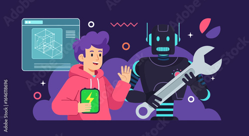 Futuristic Collaboration: Man and Robot Working on a Tech Project Together