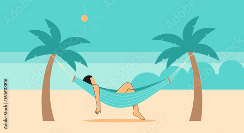 Enjoying Leisure In The Hammock Under Palm Trees And Sunny Sky On Vacation