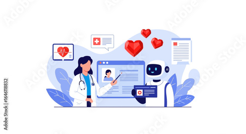 Futuristic Healthcare Concept Woman Doctor Consulting with Medical Ai Robot