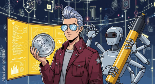 Futuristic Entrepreneur with Advanced Technology and Robotic Assistant Illustration