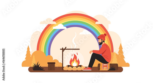 Enjoying the Solitude A Man by the Campfire Under a Colorful Rainbow