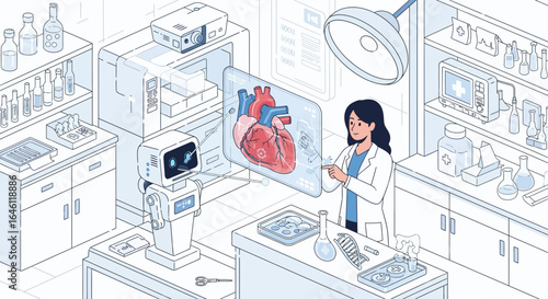 Futuristic medical lab with a scientist and robot analyzing a heart hologram with technology
