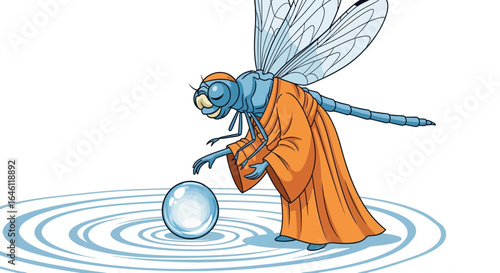 Enlightened Dragonfly Contemplating A Water Sphere In A Humorous Illustration Style
